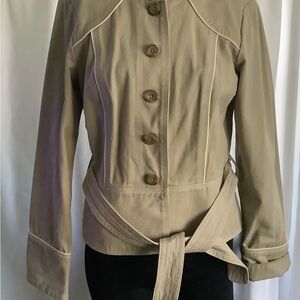 Mossimo Beige Button Down Jacket with Belt and White Trim Size Large